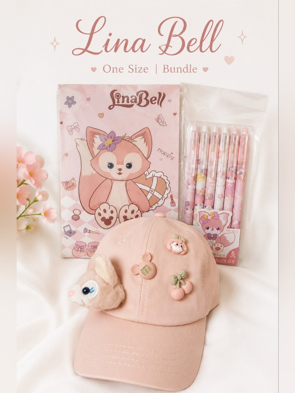 Lina Bell Kawaii Pink Bundle Hat Notebook Pen Set OS NWOT Cute Anime Coquette